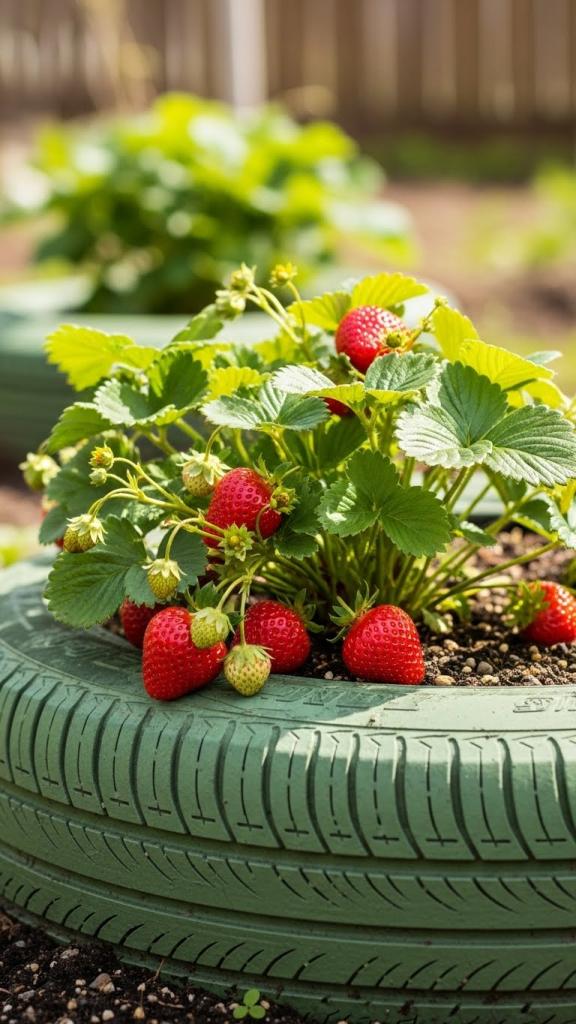 tyre used as a diy strawberry planter