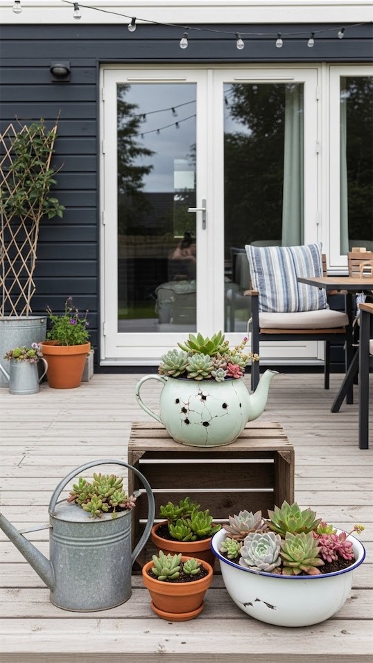 container planters made from old basins, teapots and watering cans