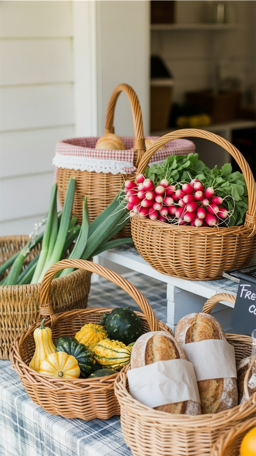rustic baskets full of fresh produce on farmers stand