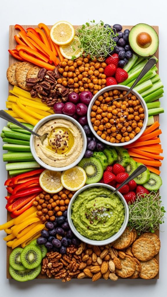 Vegan style charcuterie board with hummus, fruit and veg