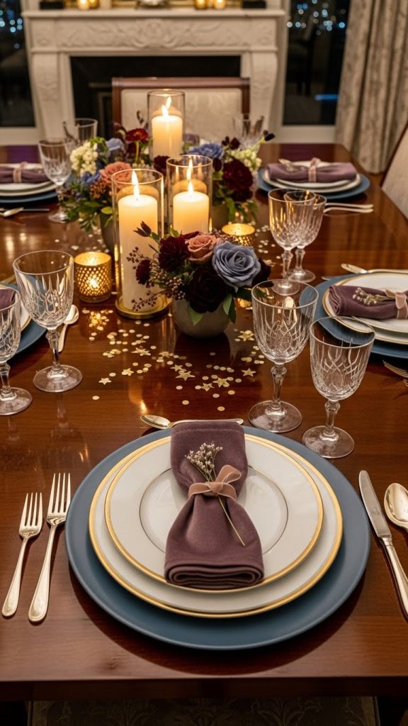 Velvet napkin place settings for an elegant dining room table