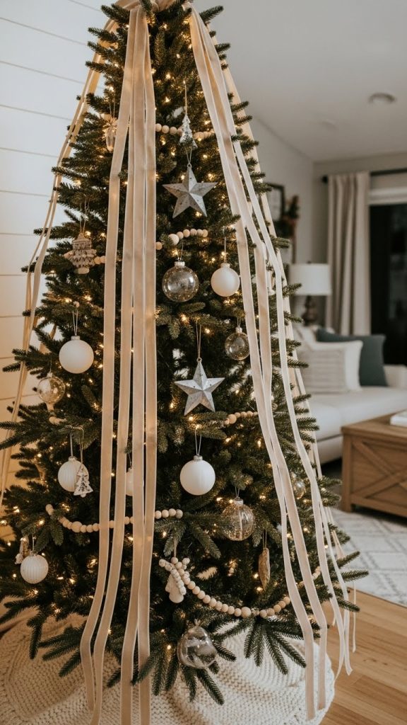 modern christmas tree in farmhouse with beige velvet ribbon hung from top 