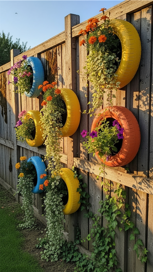 vertical tire wall stuck onto a fence with planters