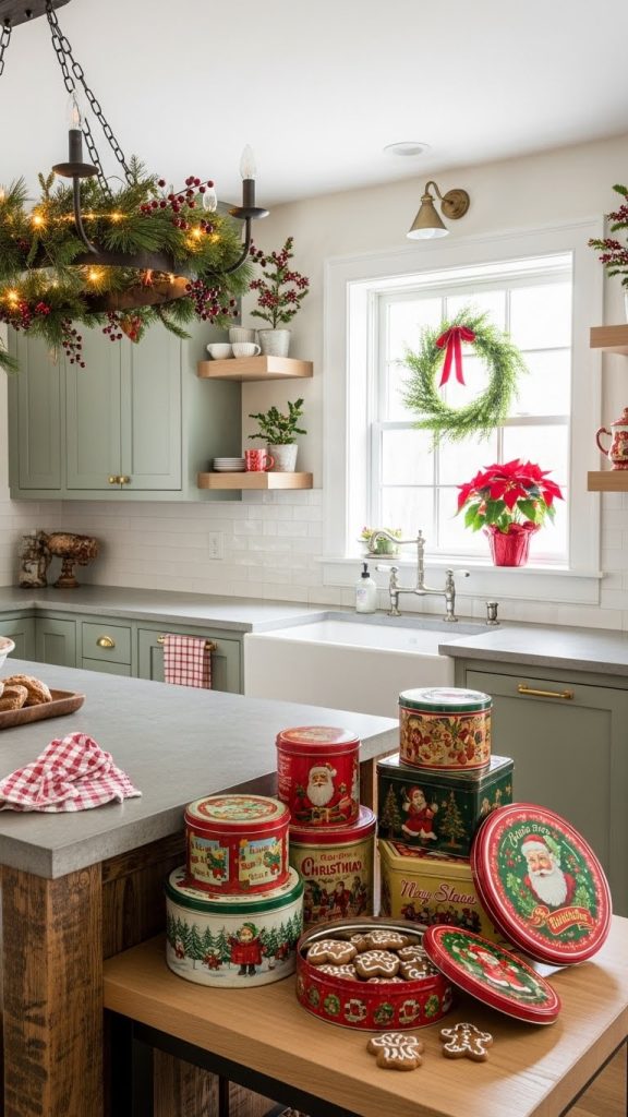 vintage christmas tins on a kitchen island 