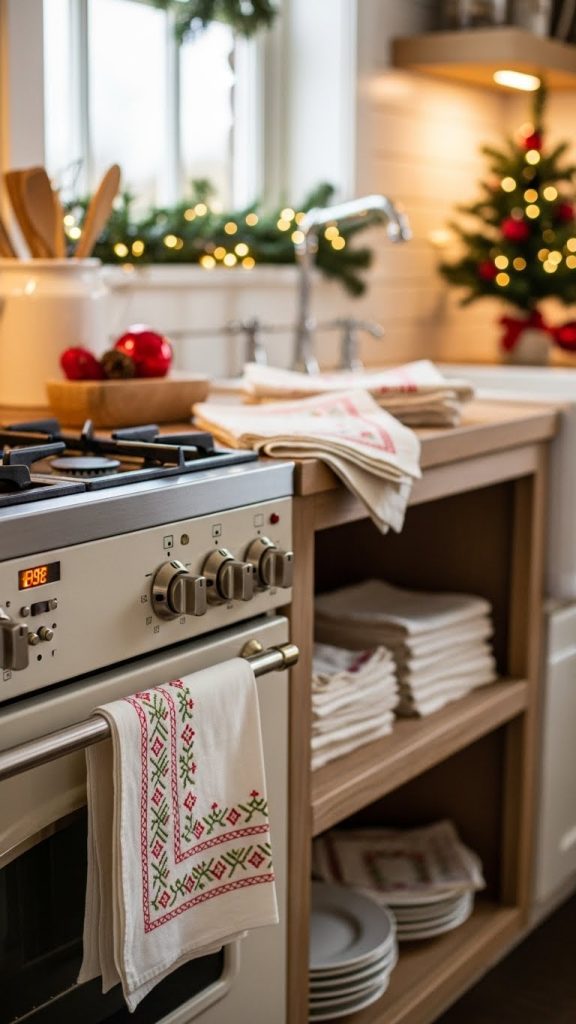 vintage linens to Decorate Farmhouse Kitchen For Christmas