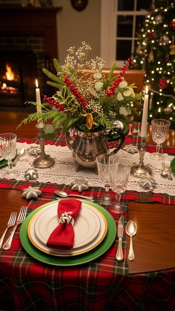 Teapot with evergreen sprigs and branches on a lace runner on a round dining table
