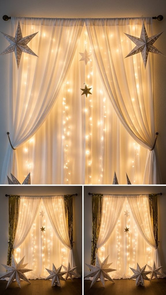 Sheer curtains with paper stars hanging from ceiling