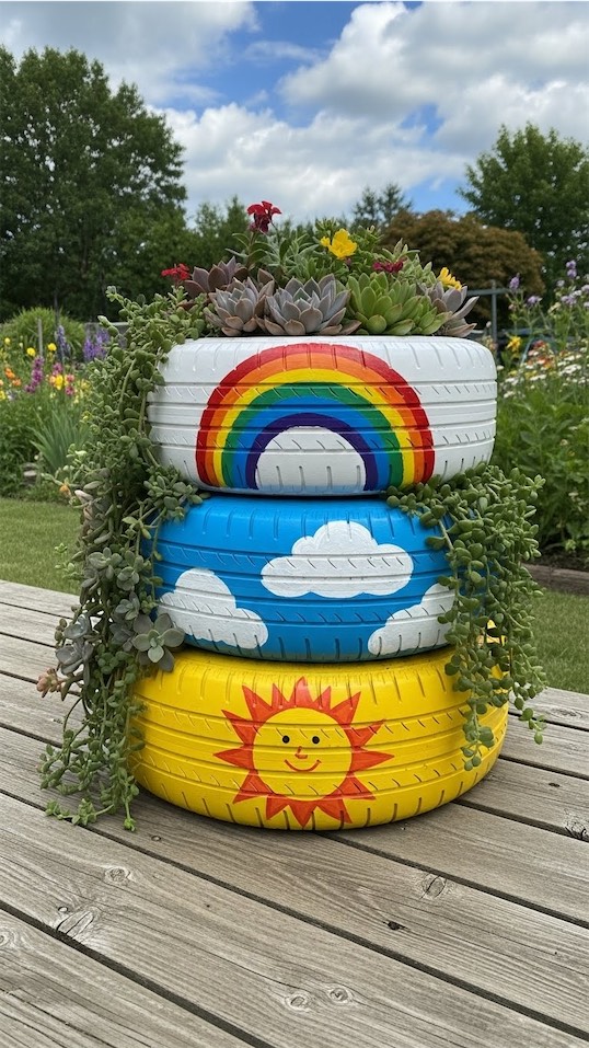 weather themed painted tires for the garden