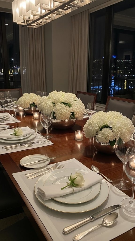 white hydrangeas in low profile vases on a modern dining table
