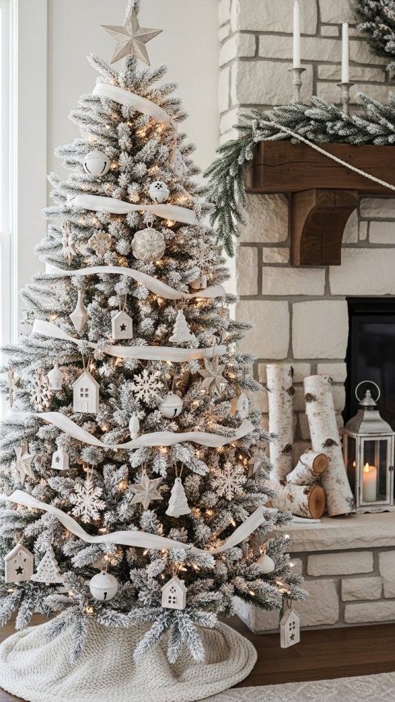 Modern Christmas Tree Decor Ideas for Farmhouses with white christmas tree with white ribbon