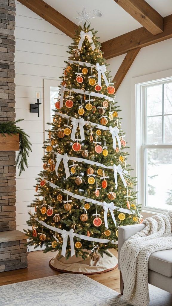 christmas tree with citrus fruit ornaments and white ribbon 12 Modern Christmas Tree Decor Ideas for Farmhouses