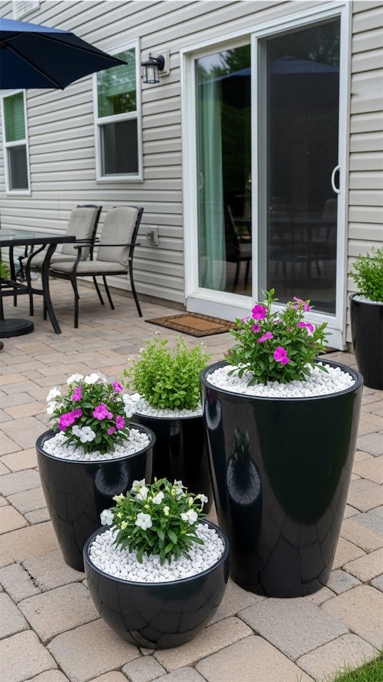 modern black planters with decorative stone on back patio