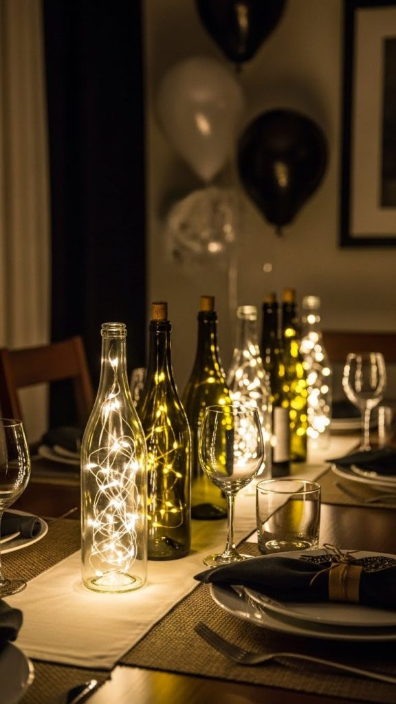 Old wine bottles full of fairy lights and used as centerpieces on a dining room table