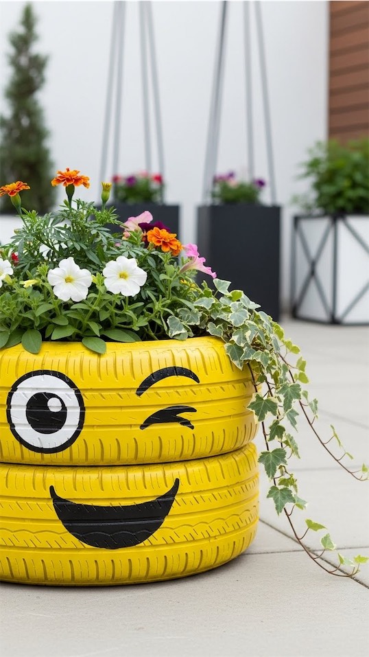 emoki painted onto the side of a diy tire Planter