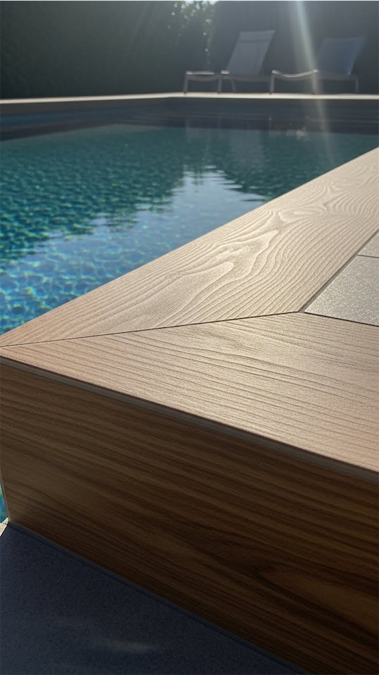 wood look porcelin tiles pool coping 