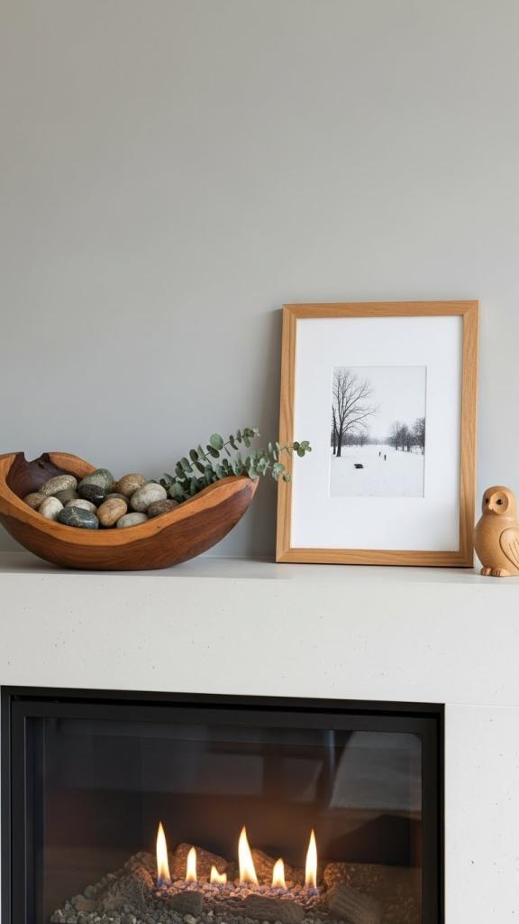 Natural wooden bowl on a fireplace with picture and wood elements