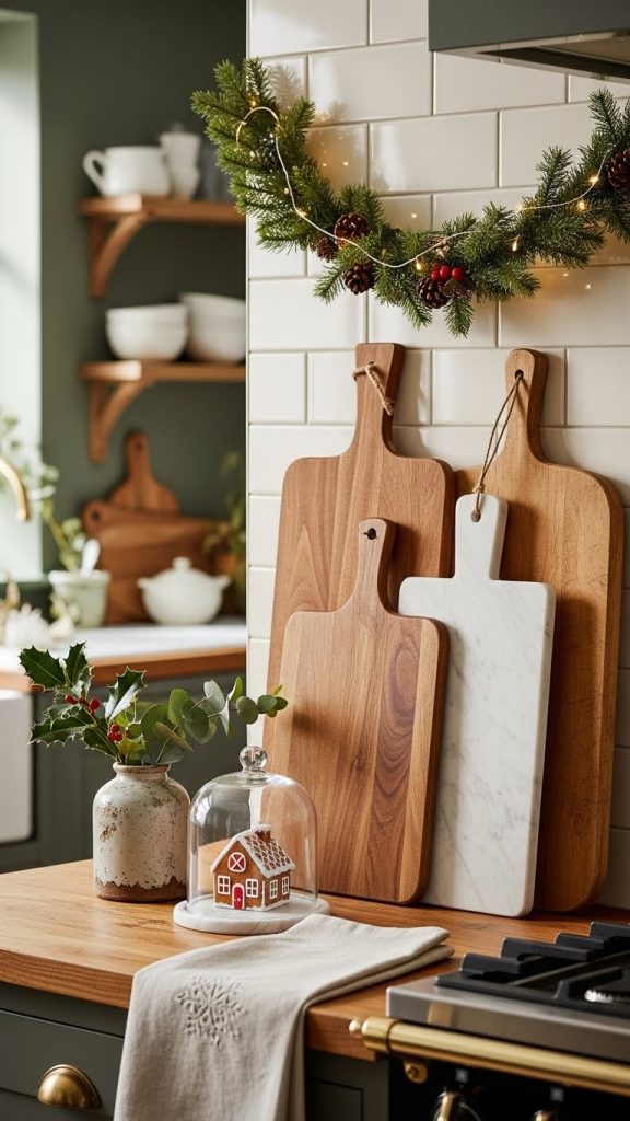 Cutting boards up against a wall with a garland in a farmhouse kitchen decorated for Christmas