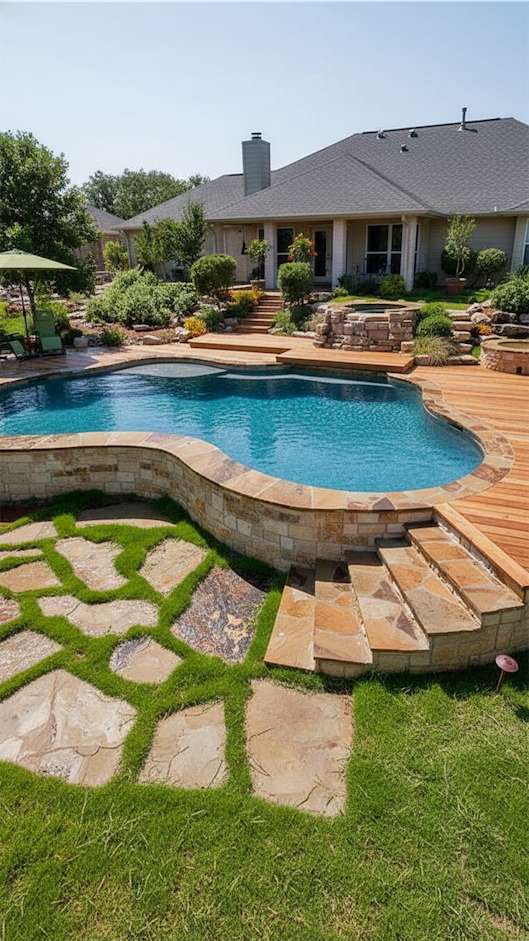 backyard pool with decking around it