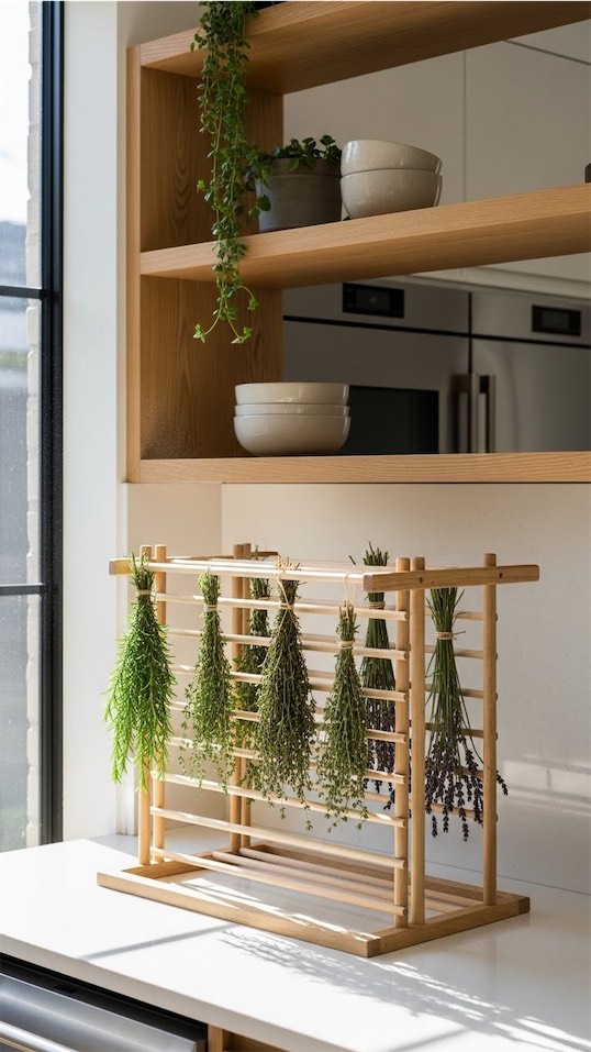 wooden drying rack with herbs drying