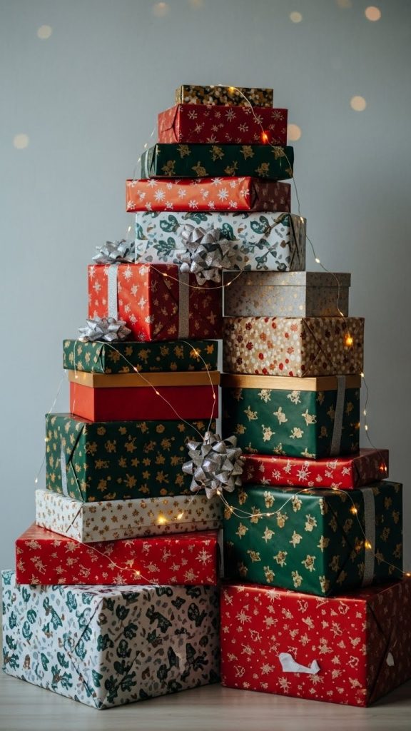 old boxes wrapped in festive paper for nye photos