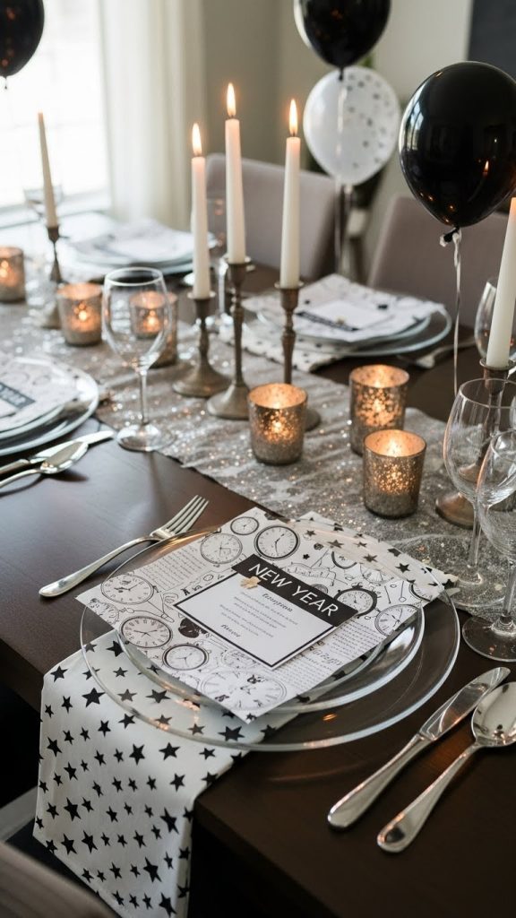 Wrapping paper used as placemats under dinner plates on a festive table