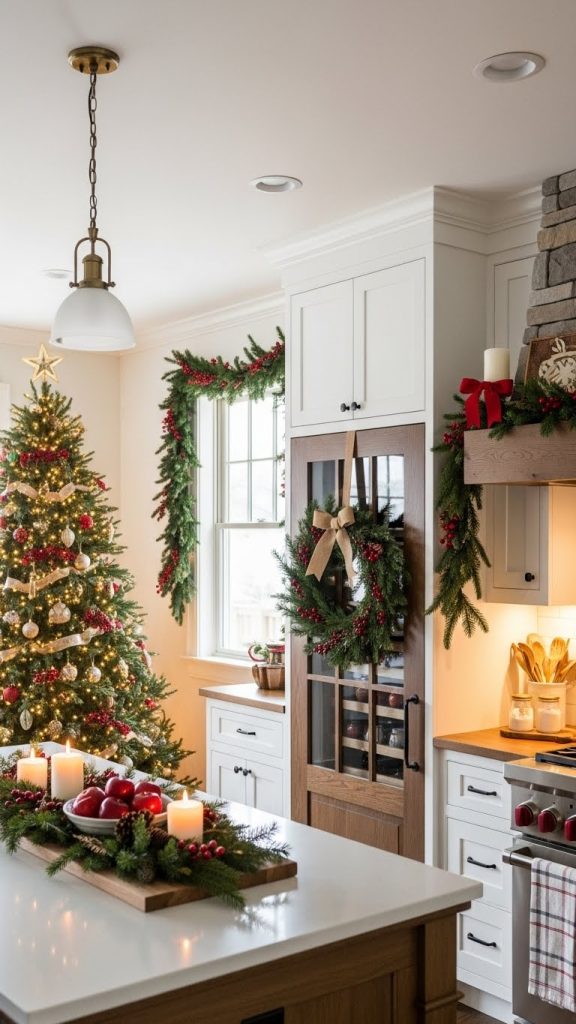 christmas wreath hanging on pantry door in a farmhouse kitchen. 