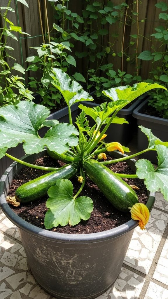 zucchini being grown in a bucket on a patio