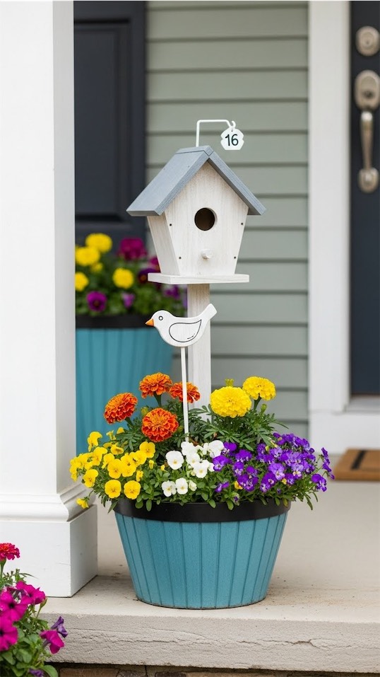 spring planter with personality with a playful birdhouse planter and colorful annuals