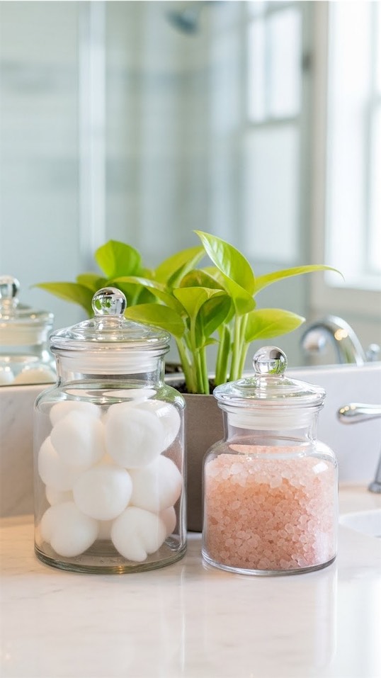 jars with skincare and bath salts in bathroom