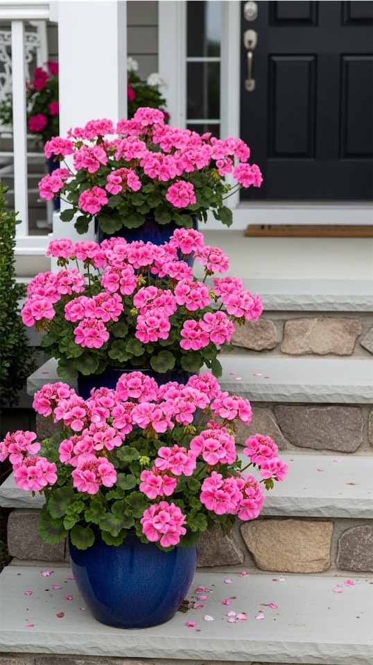 pink geraniums in matching planters