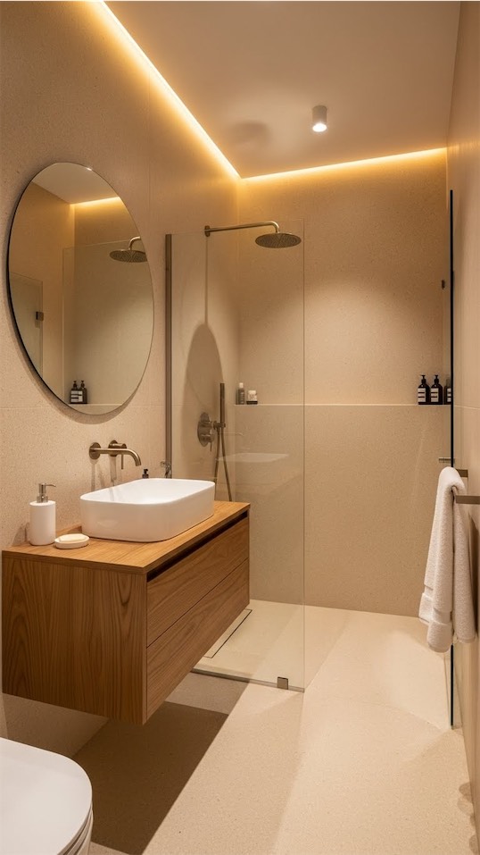 beige microcement lighting in guest bathroom