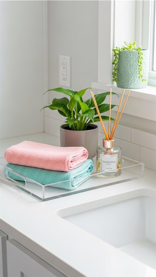 plastic tray with pastel towels and diffuser in bathroom