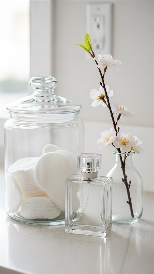 Minimal bathroom counter decor with one stem in a vase