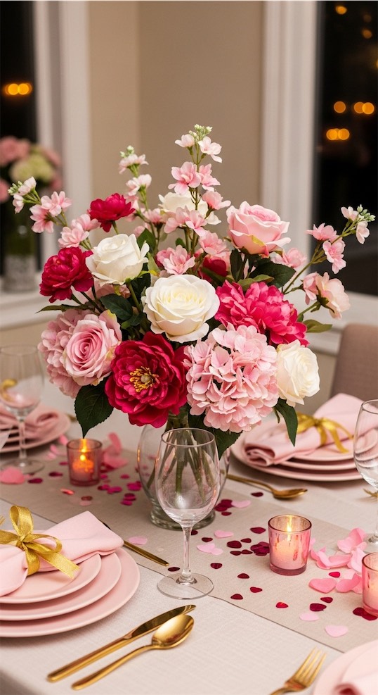 faux flowers in vase on dining table