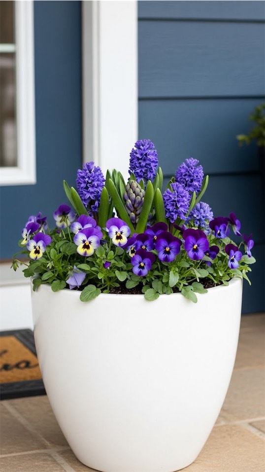 purple blooms in a glossy ceramic pot