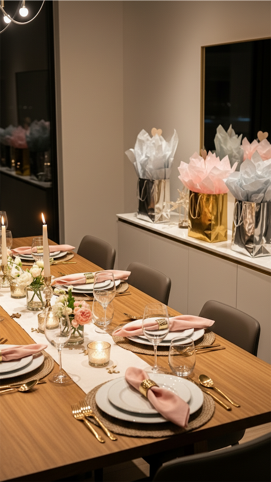 Metallic bags used as party decor for galentines