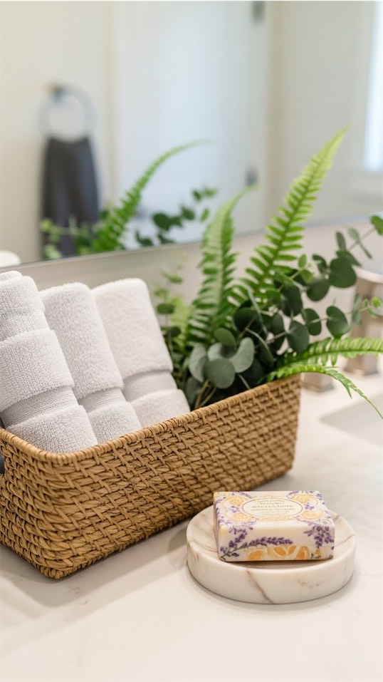 low basket with rolled towels and soap 