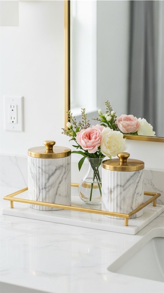matching ceramic pots on a marble tray in bathroom