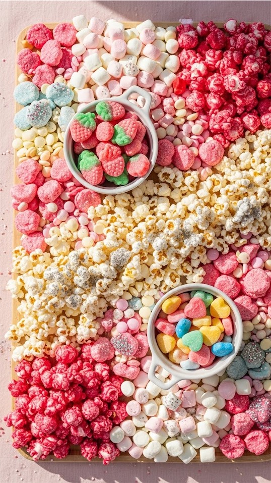 pink candy popcorn Galentine's Charcuterie Board