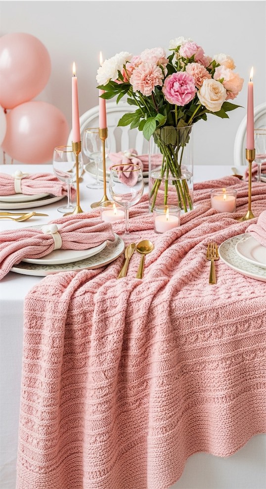 pink blankets used as tablecloth 
