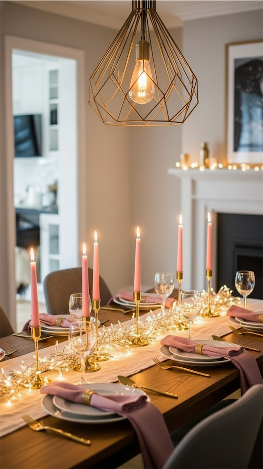 cluster of pink taper candles on the dining room table