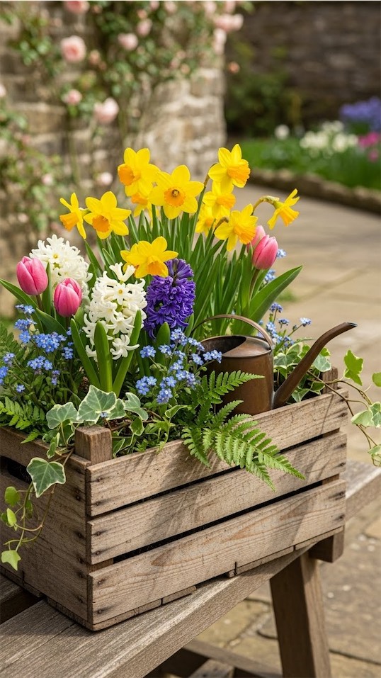 rustic touch with a wooden crate filled with mini potted blooms