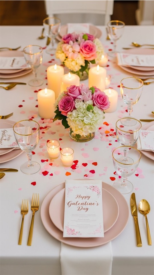 small hearts scattered across table Galentines Dinner Party Decor