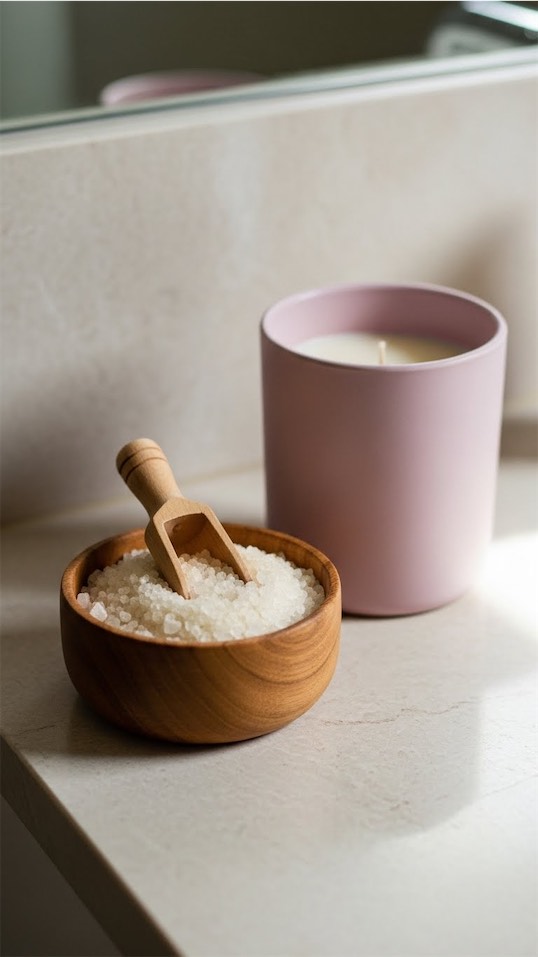 bath salts and a pastel candle
