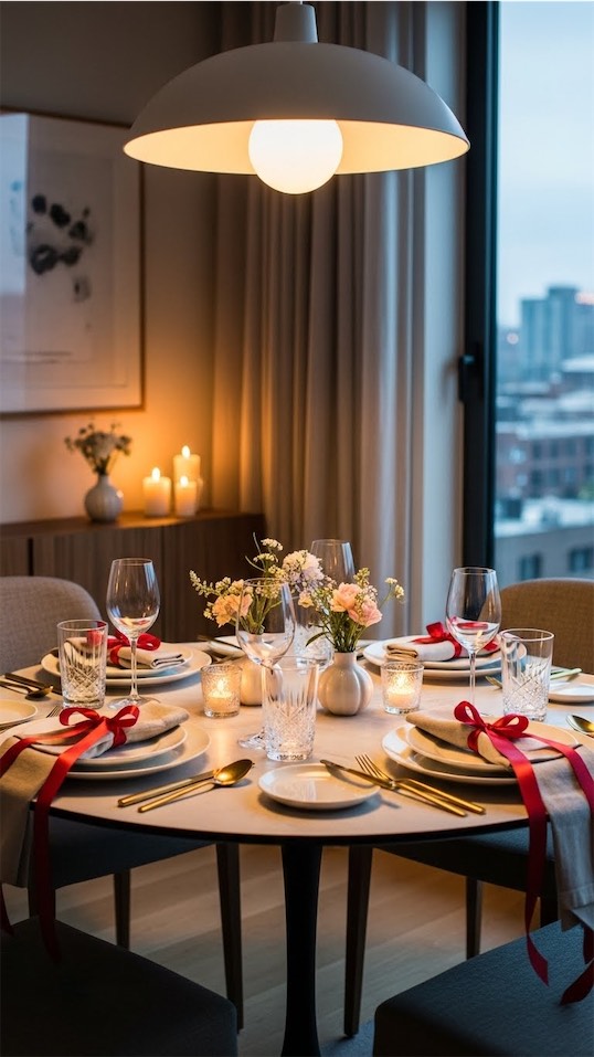 red ribbons tied to napkins on dining table