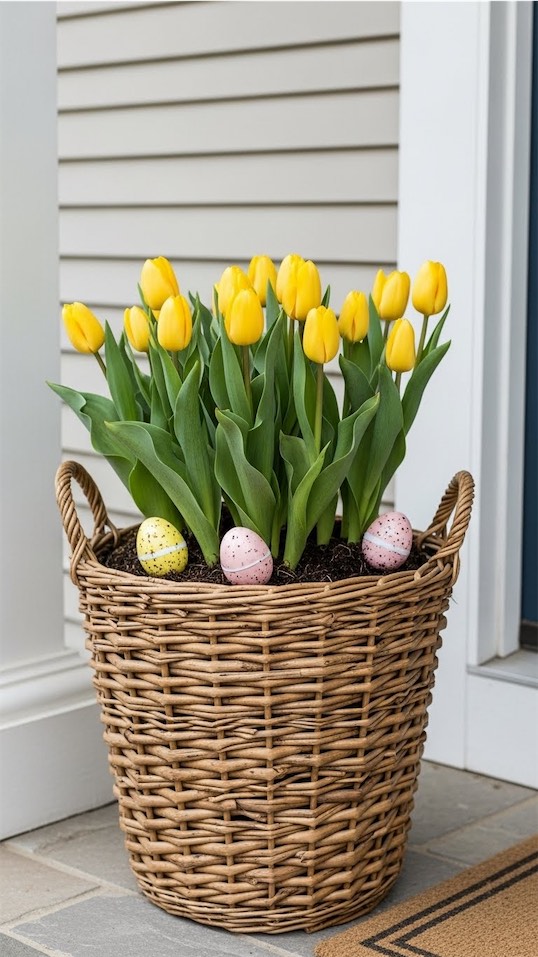 Easter basket planter with tulips and faux decorative eggs
