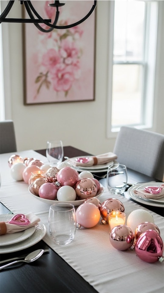 old christmas ornamnets being used for Galentines Dinner Party Decor
