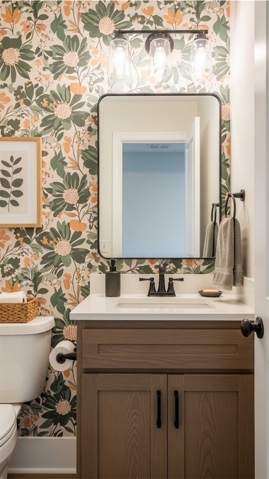 floral wallpaper Guest Small Bathroom Renovation