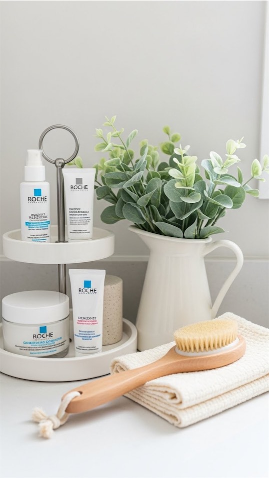 tiered bathroom tray with eucalyptus and a brush