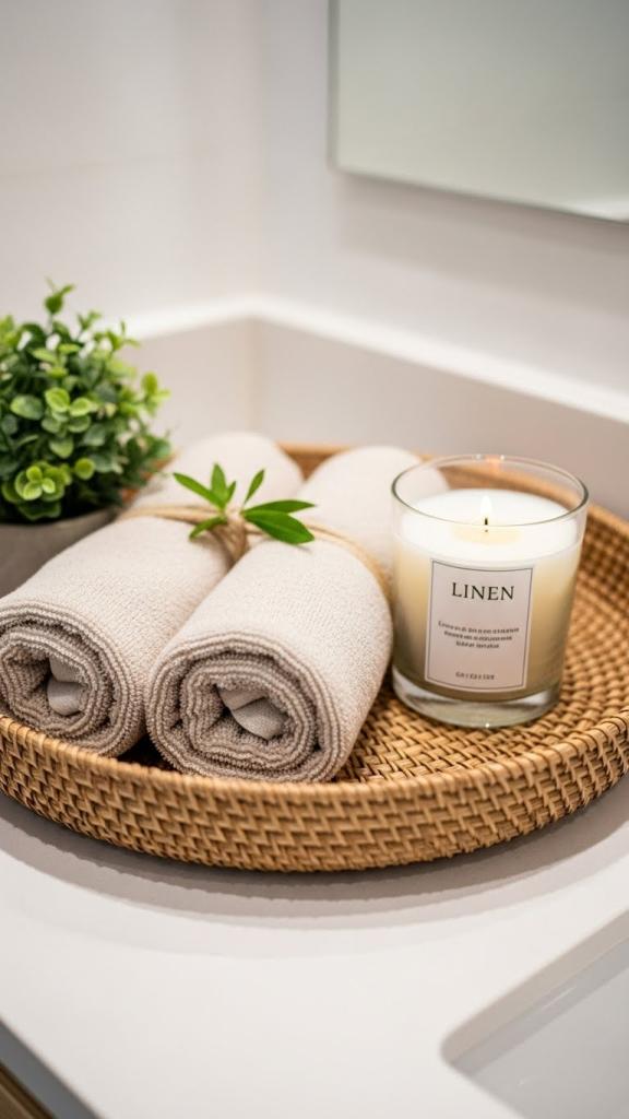 tray with two rolled towels and linen candle